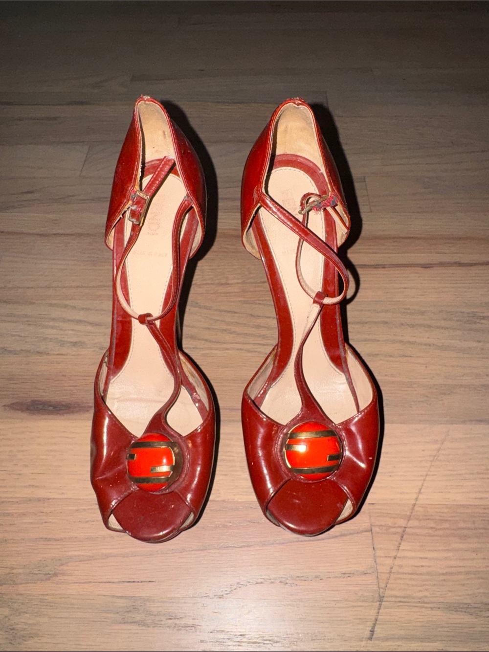 Fendi Red T-Strap Peep Toe Heels with Enamel Accent